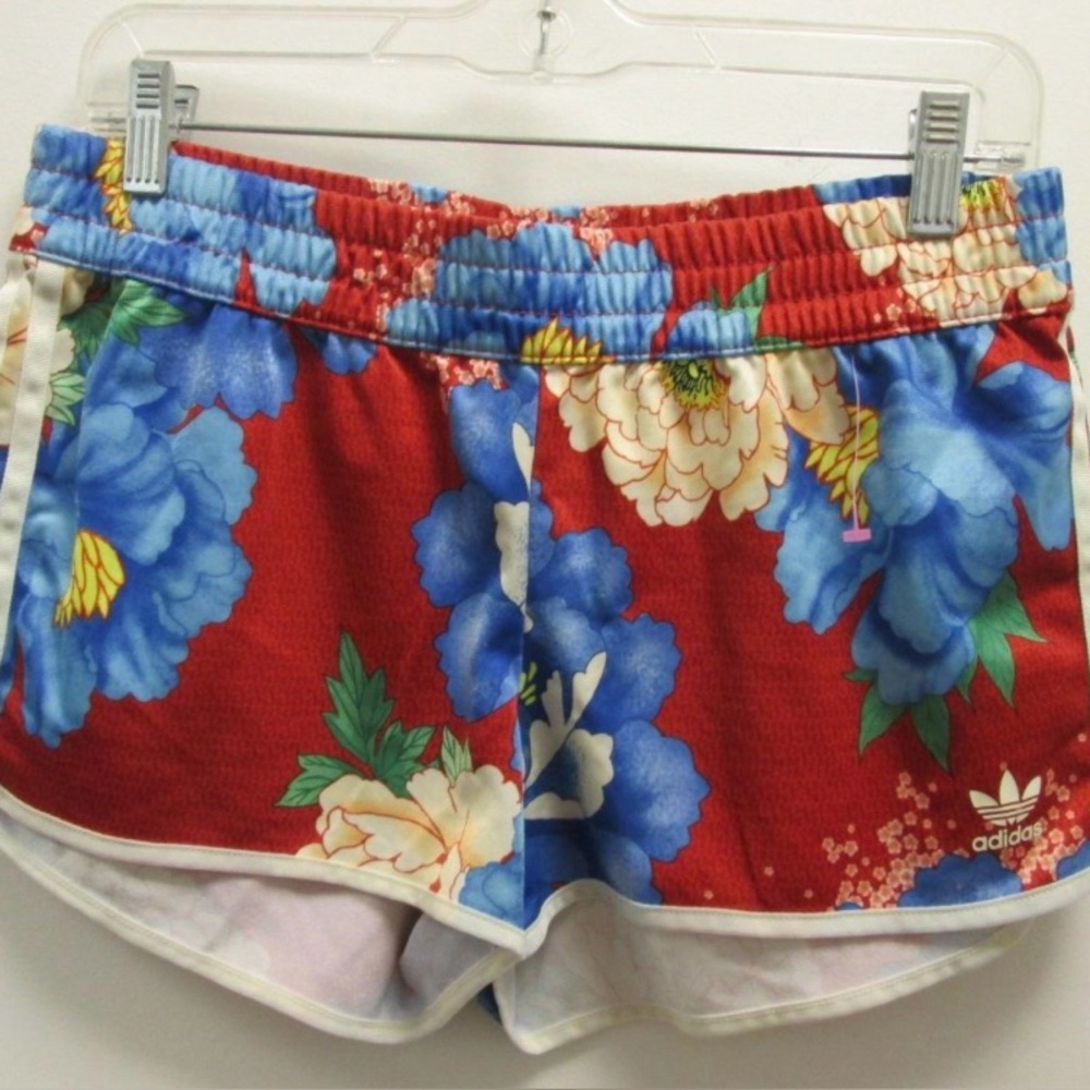 Adidas Red and Blue Athletic Shorts Vibrant Floral Design